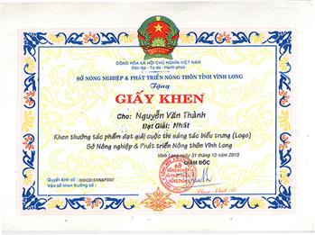 Giấy khen của Sở PTNT tỉnh Vĩnh Long